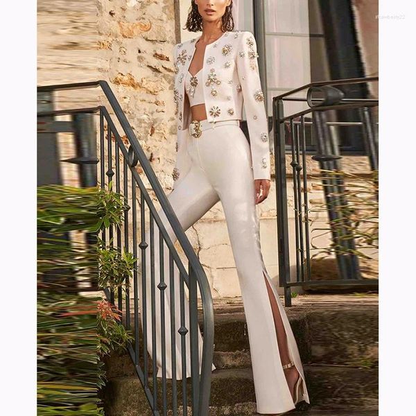 Calças femininas de duas peças 2023 em torno do pescoço frisado jaqueta curta conjunto moda split bell bottoms branco negócios wear ternos flare