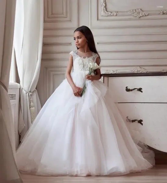 Vestidos de menina que vêm vestido de flor branco com mangas de boné de volta a linha da Princesa Primeira Comunhão vestidos de concurso de comunhão