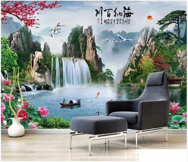 Sfondi Sfondi fotografici personalizzati per pareti Murale 3d Stile cinese idilliaco paesaggio cascata scenario camera da letto TV sfondo muro paesaggio