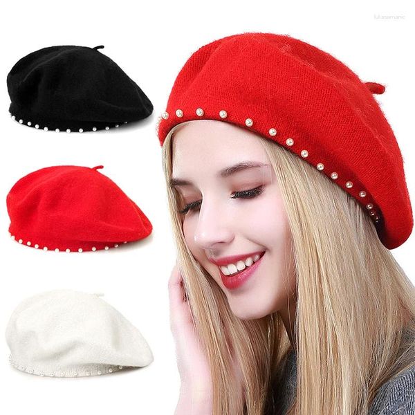 Berets mulheres elegante pérola boina chapéu moda cashmere outono inverno retro menina artista francês plana senhora vintage boné