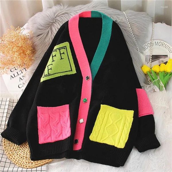 Damen Strick süße Farbe blockierende Strickjacke Pullover Jacken Kleidung 2023 Frühling Herbst Strickmäntel Lazy Girls Jersey Tops