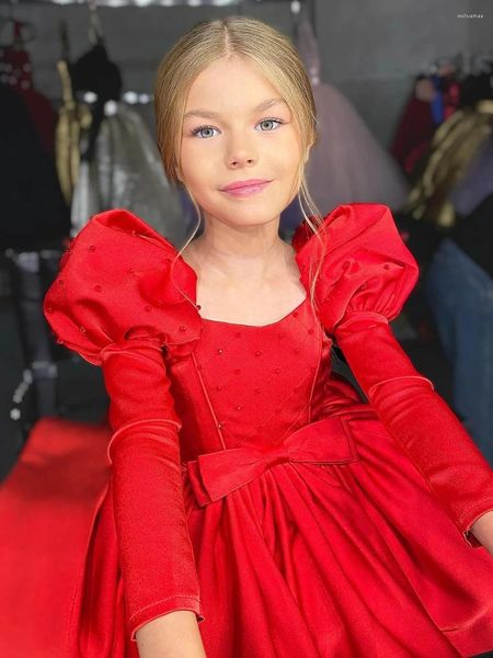 Mädchenkleider, rotes Prinzessin-Blumenkleid für Hochzeit, geschwollenes Satin, volle Ärmel, Schleife, Kindergeburtstag, Weihnachtsfeier, Festzug-Kleider