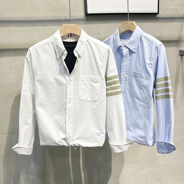 Camisas casuais masculinas marca coreana manga dupla listrada roupas moda negócios formal algodão oxford blusa