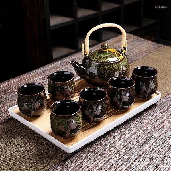 Conjuntos de chá cerâmico conjunto de chá japnese flores bules artesanais design moderno e simples grandes copos bandeja bardak seti serviço ei80ts