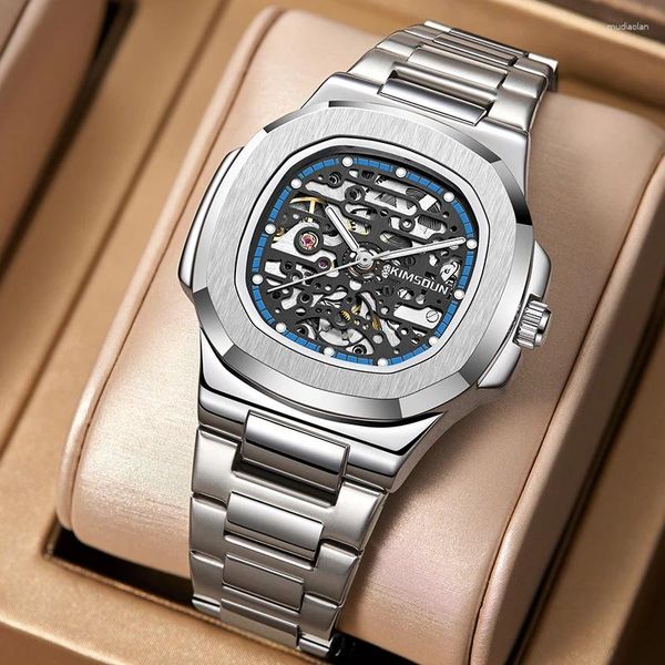 Relojes de pulsera 2023 Relojes para hombres de negocios Top Brand Esqueleto de acero Reloj de pulsera automático Moda Plata Reloj masculino impermeable Drop