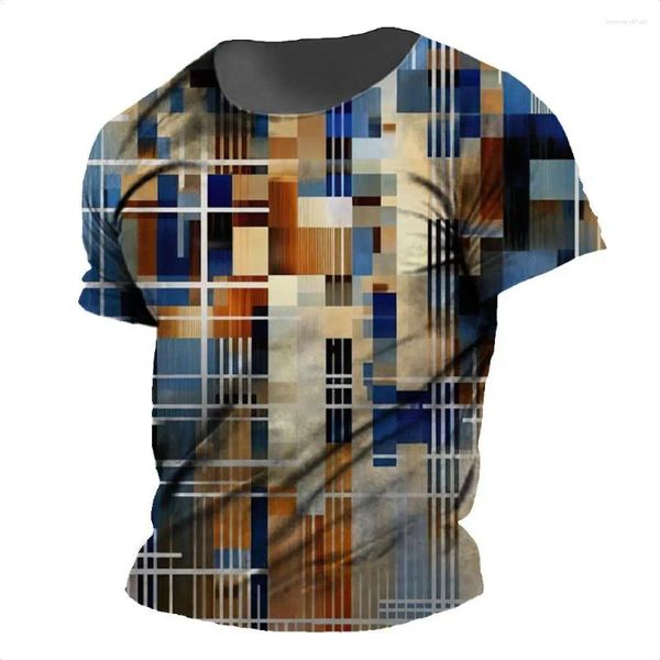 Camisetas masculinas com estampa xadrez, camisetas com estampa 3D de manga curta, tops casuais da moda, roupas de verão, plus size, rua