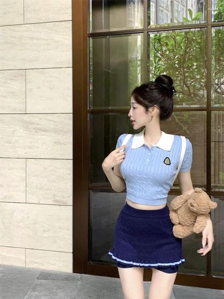 Vestidos de trabalho estilo universitário doce menina terno feminino verão manga curta malhas camiseta plissada saia curta conjunto de duas peças roupas femininas