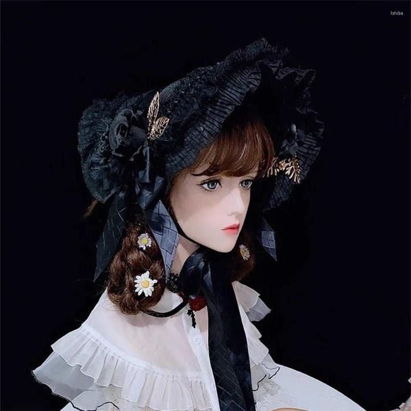 Partyzubehör Wunderschöne Gothic Vintage Mädchen Lolita Viktorianischer Hof Sonnenhut Bnt Cosplay Blume Mehrschichtige Spitze Perlenkette Motorhaube Handgemacht