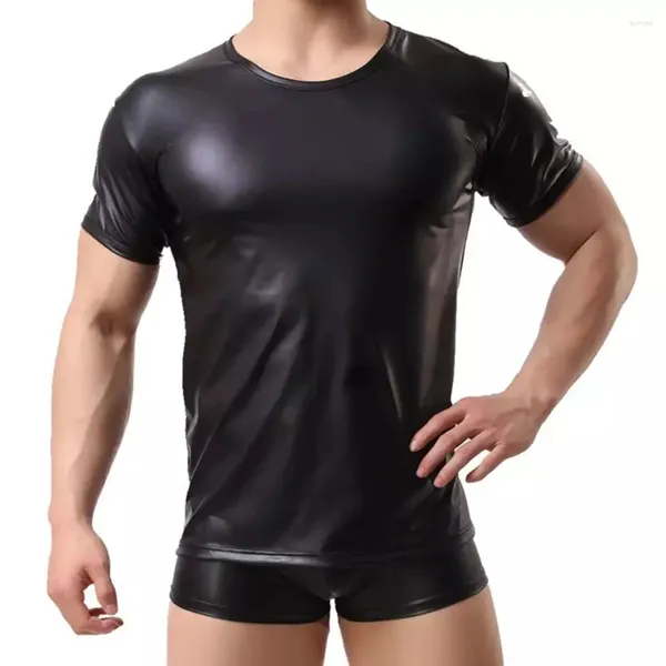 Camisetas masculinas tops sexy colete de couro fosco brilhante camiseta de manga curta para homens