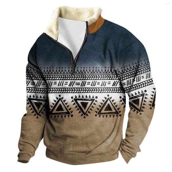 Herren Hoodies Winter Vintage Print Sweatshirt Fleece Kragen Langarm Pullover Lose Herbst Zipper Pullover Streetwear