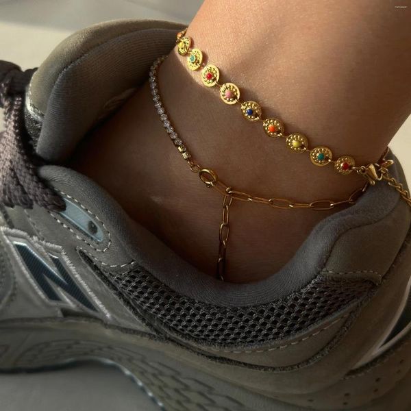 Tornozeleiras de metal minimalista para mulheres cor dourada aço inoxidável corda figaro link perna corrente colar básico chique menina jóias