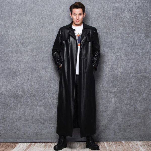 Lautaro Long Black Leather Trench Coat Мужчина с длинной грудью с двойной грудью плюс плюс размеры кожаная одежда Mens 6xl 7xl 231227