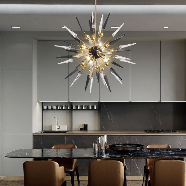 Lâmpada pendente Sputnik moderna, vidro soprado Murano preto e transparente com moldura de latão, luminária pendente para sala de jantar, quarto, entrada, foyer, sala de estar