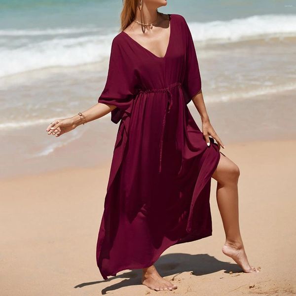 Vestido de praia feminino blusa cintura elástica cordão vestido de férias biquíni camisa à prova de sol casual elegante roupas vestido de verão