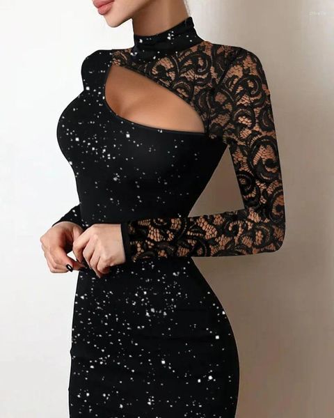 Vestidos casuais laço oco vestido glitter destaques tecido de malha magro ajuste hip saia roupas femininas elegantes mulheres sexy vestidos