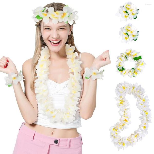 Dekorative Blumen Hawaii-Party-Set, weiße Halskette, Kranz, Armbänder, künstliche Girlande, Geburtstag, Urlaub, Gastgeschenke, Hochzeitszubehör