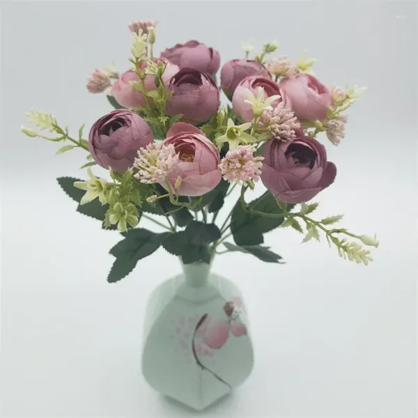 Fiori decorativi Artificiali Tea Rose Bouquet Regalo di San Valentino Seta Finta pianta verde Simulazione Peonia Fiore champagne Decorazione natalizia