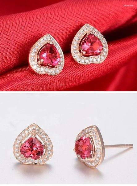 Orecchini a bottone tono oro rosa cuore cristallo rosso rubino pietre preziose diamanti per le donne gioielli classici bijoux accessori carini regali