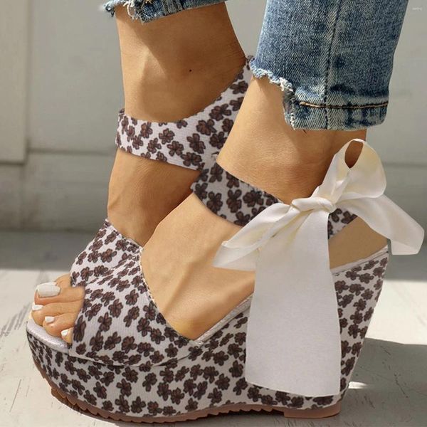 Sandálias Leopard Imprimir Flor Mulheres Cunha Salto Grosso Fundo Alto Peixe Boca Aberta Toe Ankle Lace Up Platform Shoes