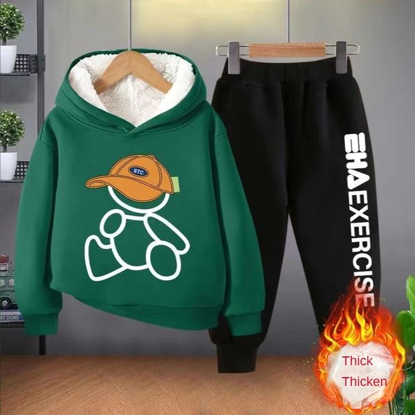 Erkek Kız Kıyafetleri Hoodies Pantolonlar Çocuklar Karikatür Karikatür Sonbahar Kış Uzun Kollu Polar Sıcak Sweatshirts Kıyafetler 2pcs 2-12y 231226