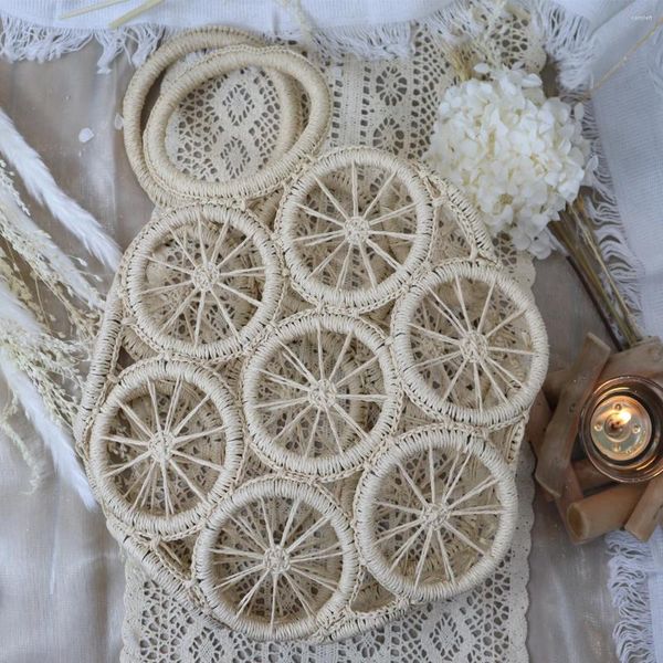 Akşam çantaları Diy dokuma vintage içi boş saman ahşap tutamak ipi çanta rattan yaz plajı büyük tote bayan limon