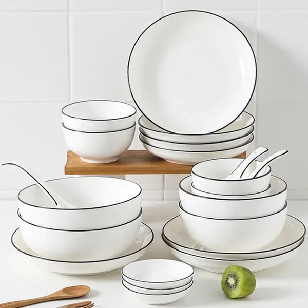 Teller, schwarzer Rand, weißes Keramik-Esstablett, Küchenteller, Geschirr, Suppenschüssel, Kochwerkzeug, 1 Stück, Verkauf