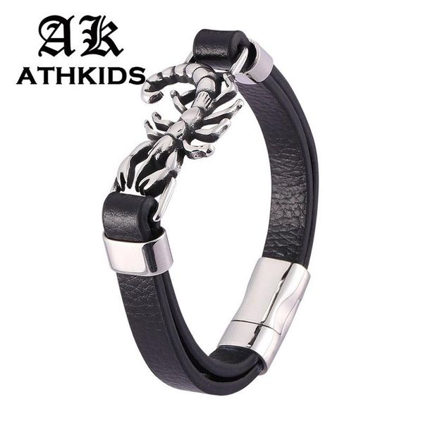 Pulseira de escorpião de aço inoxidável, joias masculinas de couro preto, fivela magnética, faixa de pulso masculina pd0477248z