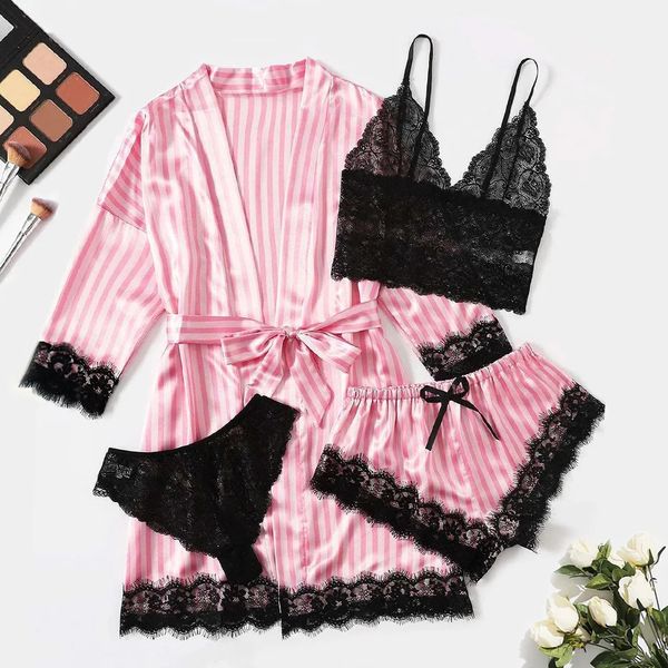 Pigiama e vestaglia a righe rosa set da donna in raso di seta pizzo pigiameria estiva sexy pigiama in seta sintetica accappatoio homewear set vestaglia da notte 231226