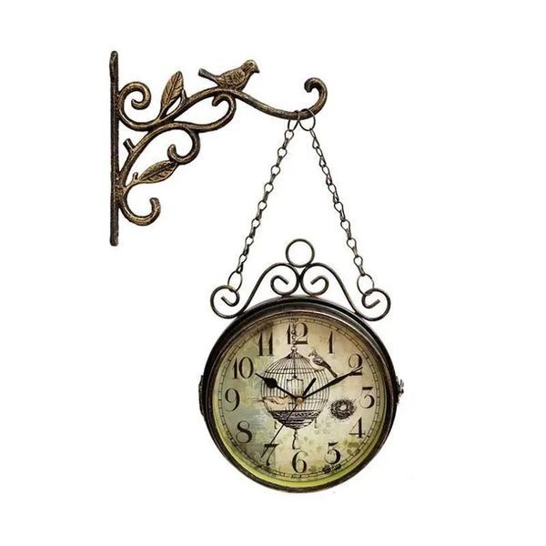 Uhren innovative Wanduhr Retro doppelseitig Einfacher stiller Quarzuhr Schmiedeeisen runde Uhr für Wohnzimmer Dekoration T200103