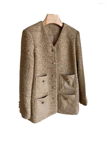Jackets de couro feminino Capinho de couro em V versão slim de fits slim contraste Design de peito único quente e confortável 2023 outono/inverno
