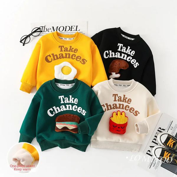 Kinder Pullover Winter Jungen Cartoon Plüsch Pullover süße Pommes Frites Burger Round Neck Pullover 3D Muster Mädchen Casual Clothes 231227