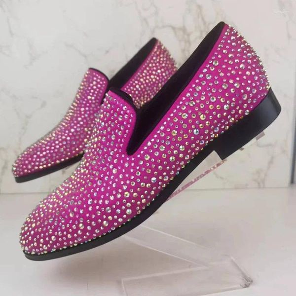 Sapatos de vestido Bling strass embelezado homens rosa couro cristal redondo dedo do pé deslizamento na noite noiva size47