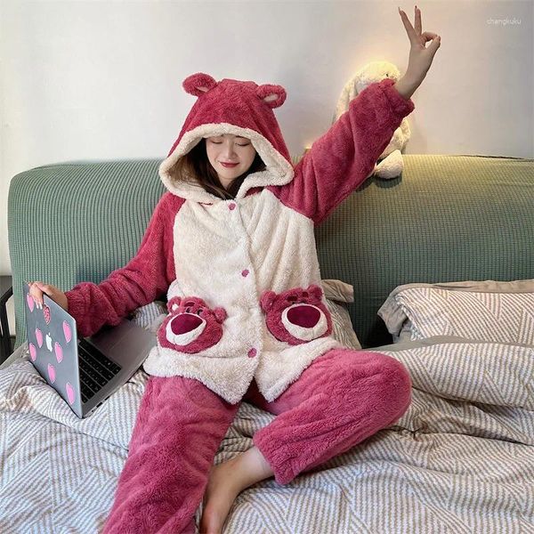 Pijamas femininos urso cosplay duas peças conjunto mulheres meninas pijamas inverno quente pelúcia pijama com capuz flanela animal 2 peças