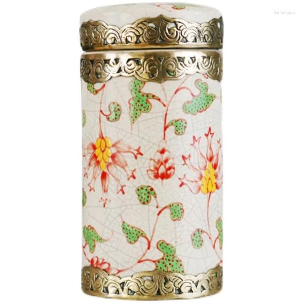 Garrafas de armazenamento estilo chinês pintado à mão chá de cerâmica com bordas de cobre artesanato clássico e retrô coleção de jarras