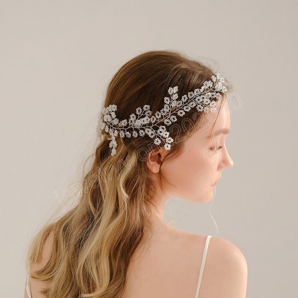 Diadèmes de bandeau de mariée pour femmes, perles florales, chaîne avec ruban, accessoires pour cheveux de mariage, bijoux de tête Noiva