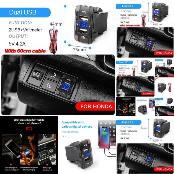 ela Car Electronics 4.2A Dual Port Toma Fast Phone 12V 24V Carregador com LED Voltímetro Carro USB embutido Carregador adaptador de tomada para Honda Crv CB500X