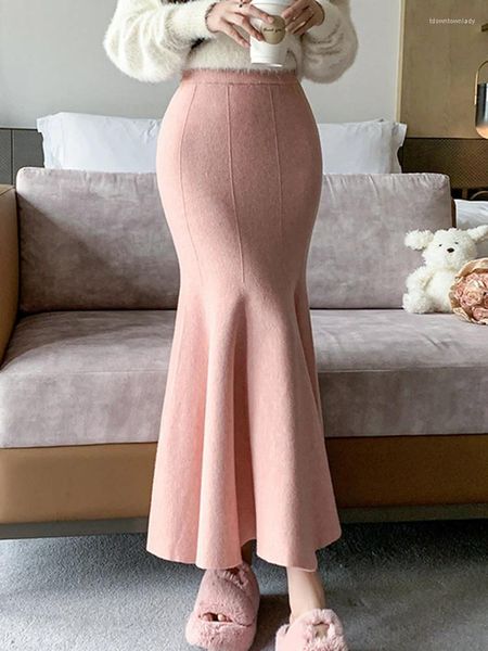 Röcke Circyy lang für Damen, rosa gestrickt, Trompete, lässig, Basic, hohe Taille, bequem, knöchellang, modisch, schlank