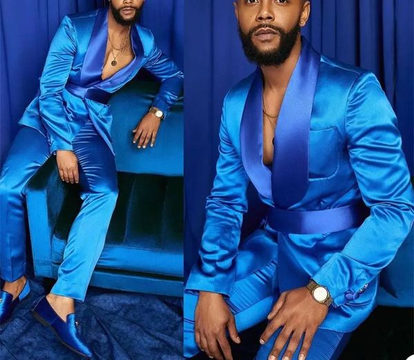 Moda italiana Silver Men ters Setin Slim Fit Fit Royal Blue Shiny noivo Prom Tuxedo Tuxedo Costume Blazer personalizado Homme 231227