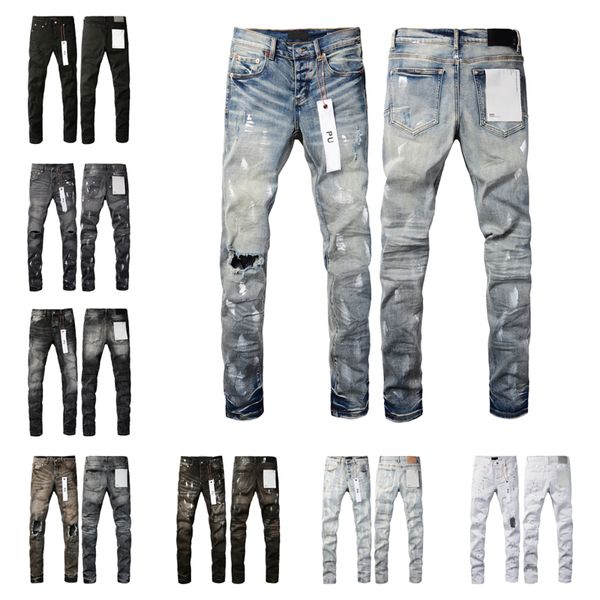 Jeans da uomo viola Designer Moda Bikers strappati in difficoltà Donna Strappato High Street Marca Patch Hole Denim cargo per uomo Pantaloni neri 29-40