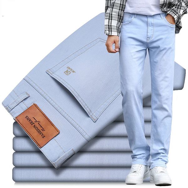 2023 Primavera Summer Men S Sky Blue Slim Stretch Jeans Classic Style Fashion Casual Jeans calças de jeans masculina calça 231227