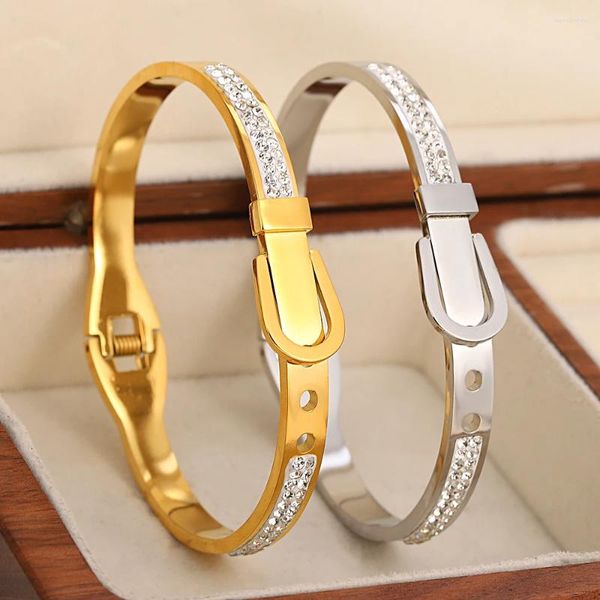 Bracciale rigido color oro con fibbia per cintura strass braccialetti in acciaio inossidabile bracciali per donna moda polsino impermeabile regali di gioielli
