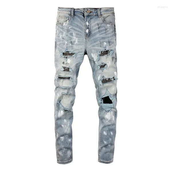 Herrenjeans EU Drip Light Blue Distressed Mustache Rhinestones Patches Italian Damaged Holes Slim Fit Stretch Ripped