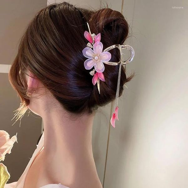 Barrettes grampos de cabelo ajojewel bela flor acrílica garra antiga jóias chinesas longa borla grande grampo de cabelo acessórios de caqui