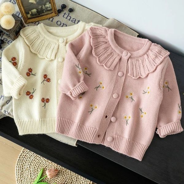 Coreano bebê menina bordado camisola casaco outono moda algodão engrossar gola floral crianças de malha quente cardigan casaco outerwear 231226