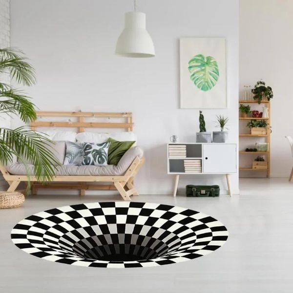 Travesseiro redondo 3d vortex tapete preto branco visão estéreo tapete antiderrapante ilusão sala de estar capacho mesa sofá impressão ilusão almofada