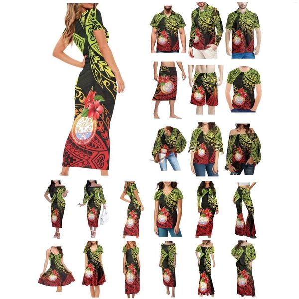 Camisas casuais masculinas Ilhas Polinésias Tatuagem Imprime Roupas Mulheres Vestido Combinando Homens Camisa Confortável Vermelho Verde Amante Desgaste