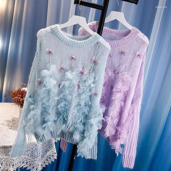 Женские свитера, женские весенние вязаные пуловеры из мохера с бисером и 3D цветами, милые свободные вязаные пуловеры с круглым вырезом, Mujer Sueteres 2023
