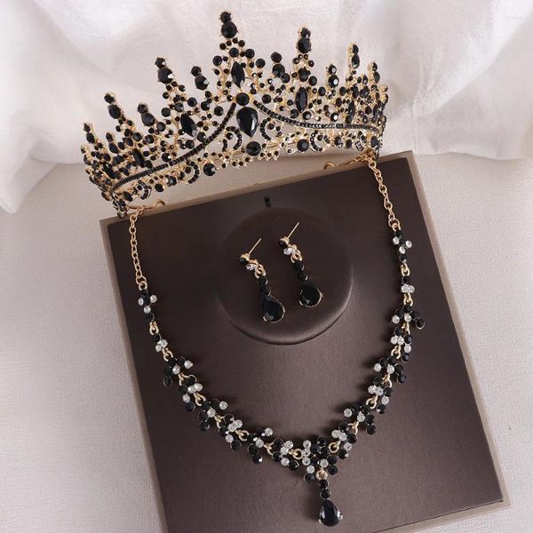 Colar brincos conjunto diezi barroco vintage preto rhinetone coroa para vestido de casamento feminino tiaras de cristal de noiva