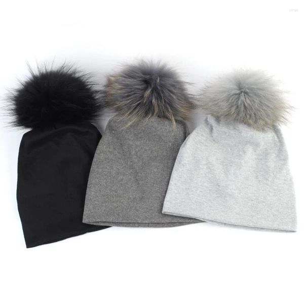 Berets Geebro Crianças Meninos Gorros Quentes Bebê Meninas Cor Sólida Casual Soft Skullies Chapéus Crianças Com Pele Real Pompom Caps Bonnet