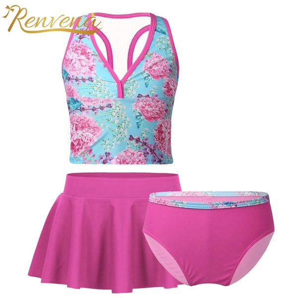 Renvena Kinder Teenager Tankini Badeanzug Mädchen Bademode Badeanzug Bedrucktes Crop Top mit Hose Rock Kinder Bikini Set 414Y